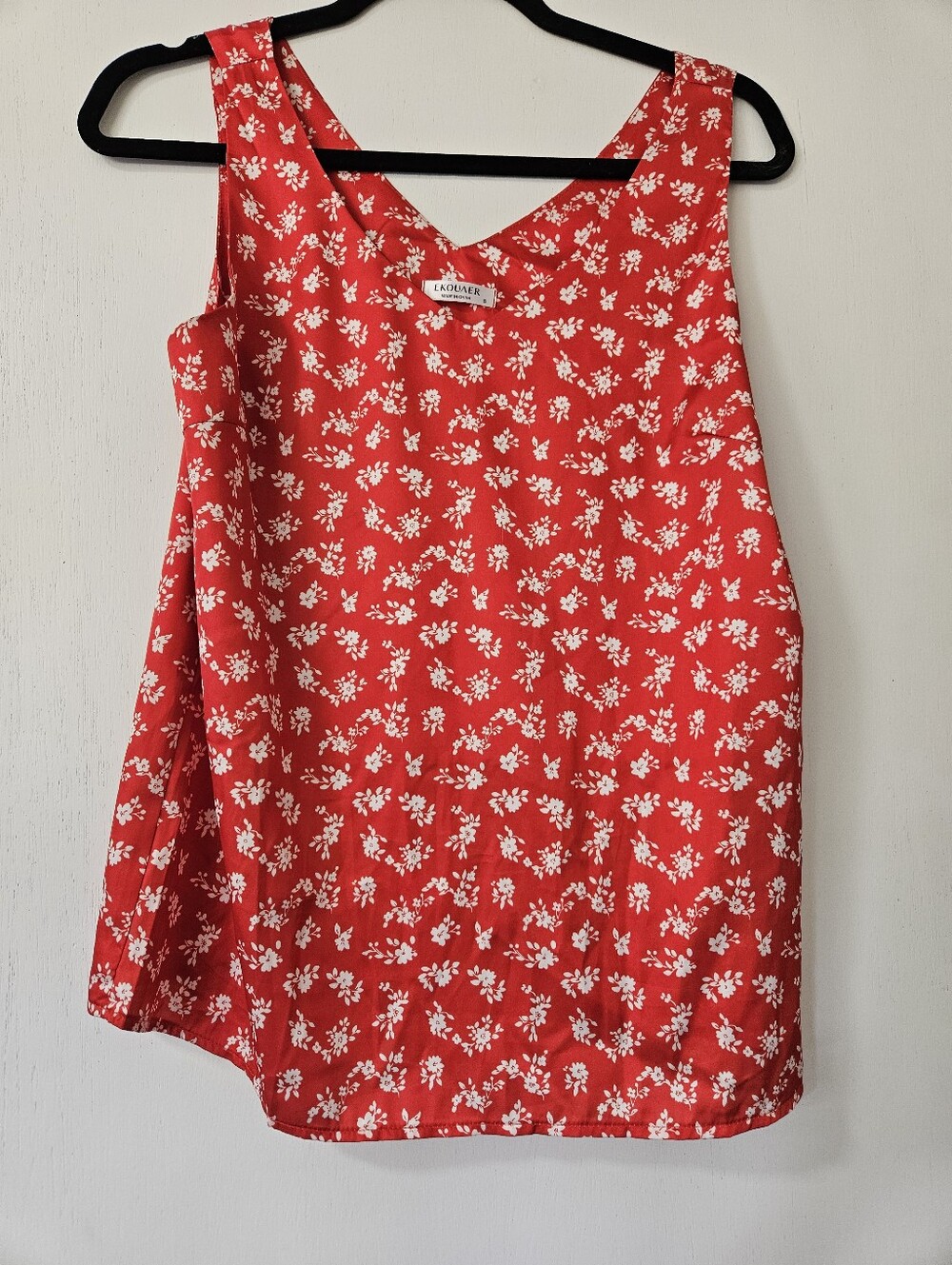 Ekouaer Red White Floral Print V-Neck Tank Top Sleeveless Blouse Size S